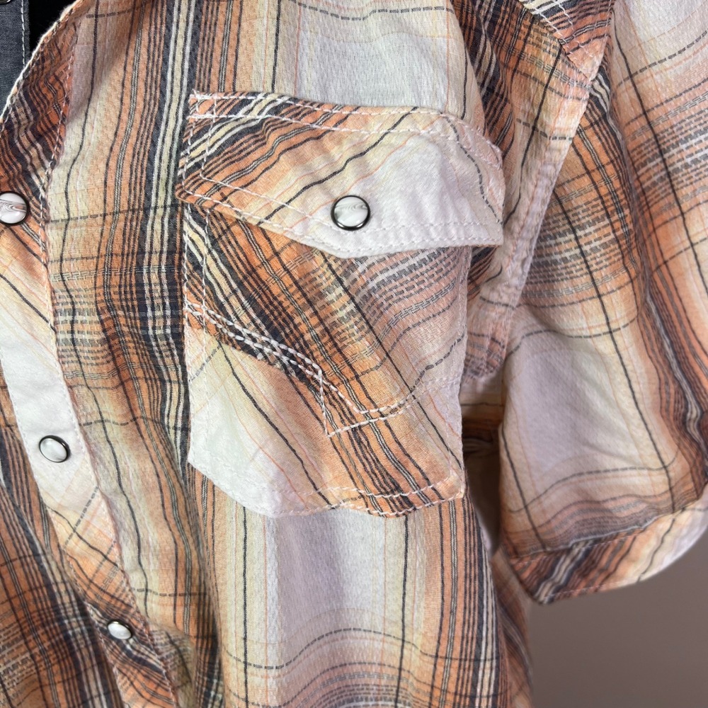 BKE Plaid Pearl Snap Western Shirt XL Orange Athletic Fit Short Sleeve Cowboy - Picture 2 of 8